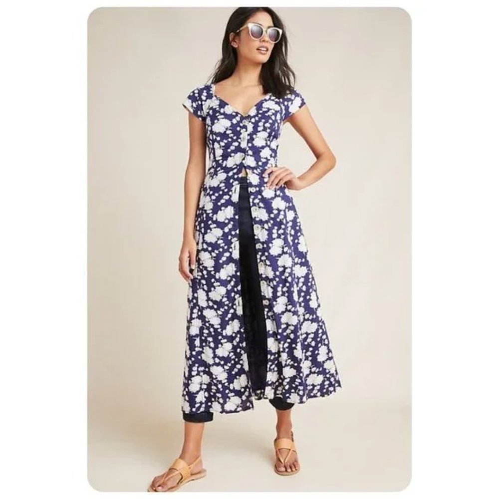 Anthropologie Maeve Tate Blue & White Floral Maxi Button Down Sundress sz 10